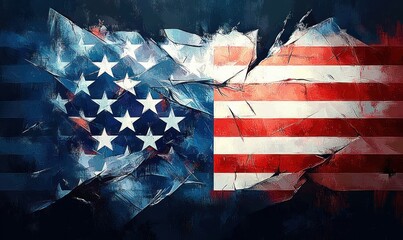 American flag with cracks and shattered glass effect symbolizing fragmentation and distress