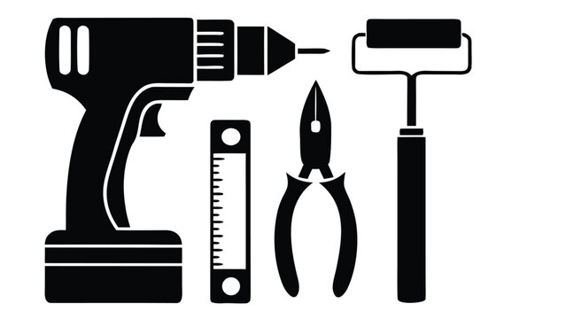 Black tools drill pliers roller ruler vector - Powered by Adobe