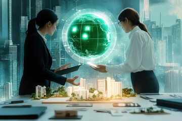 Two professional women collaborate on a futuristic city planning project with a holographic globe and architectural models in a high-tech urban environment