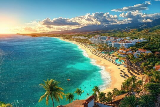A vibrant tropical beach at sunset with turquoise ocean, sandy shore, palm trees, resort buildings, mountains in the background, and people enjoying the water and beach