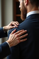 A tailor measuring client’s shoulder for custom suit in boutique studio, close-up framing, precision and elegance