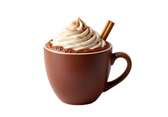 A mug of hot chocolate topped with whipped cream and cinnamon sticks.