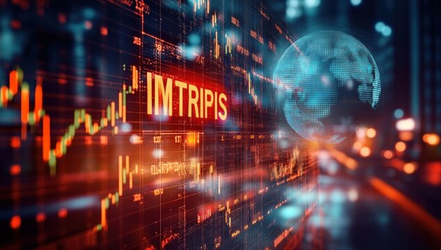 Futuristic digital stock market interface with glowing financial charts, numbers, and a holographic globe symbolizing global finance and data exchange