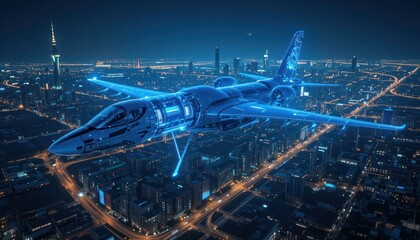 Futuristic Aircraft Soaring Over Cityscape