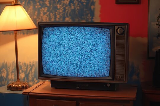 Vintage television showing static noise sitting on a wooden table next to a warm-lit standing lamp against a two-tone painted wall creating a nostalgic atmosphere - Powered by Adobe