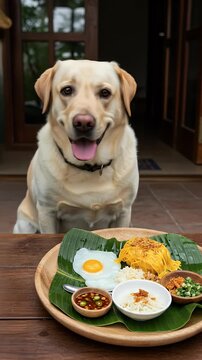 Indoor Portrait Of Labrador With Egg Rice And Delicious Meal