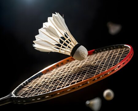 badminton racket and shuttlecock , Close-up of Shuttlecock Impact on Badminton Racket During Serve, High-Speed Motion Freeze, Precision Sports Moment, Indoor Game Action with Sharp Detail and Dynamic 