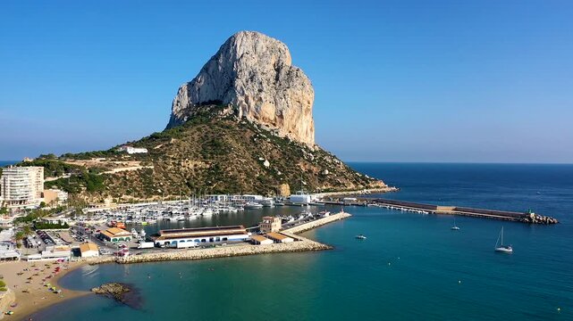 Aerial view of Calpe Bay and his beaches around the Pe&ntilde;on of Ifach, in the province of Alicante, Mediterranean Sea, Spain.