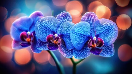 Fototapeta na wymiar Close-up of vibrant blue and purple orchids with intricate patterns and delicate petals against a bokeh background of warm orange and pink lights, evoking beauty and tranquility