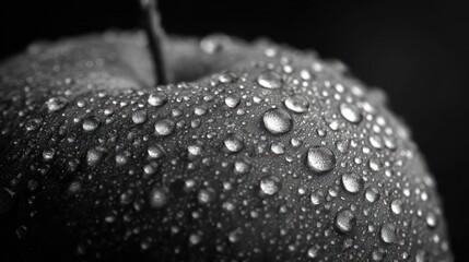 Close-up, grayscale image of an apple covered in water droplets against dark backdrop