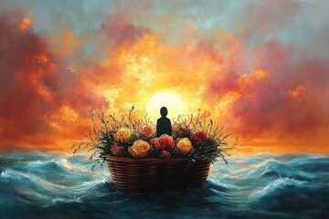 Silhouette of person sitting in a basket filled with colorful roses floating on ocean waves during a dramatic sunset with vivid orange and pink clouds