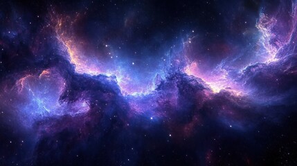 Expansive cosmic nebula with glowing purple and blue clouds of gas and dust illuminated by starlight in deep space, evoking mystery and vastness of the universe