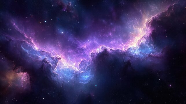 Vibrant cosmic nebula with bright purple, blue, and pink hues swirling against a dark star-filled space backdrop evoking a sense of wonder and vastness
