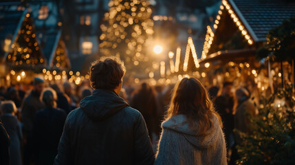 Obraz premium Romantic Stroll through Christmas Market: A couple enjoys a romantic evening, strolling hand-in-hand through a bustling Christmas market, illuminated by the warm glow of festive lights.