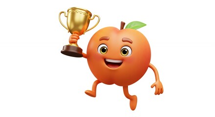 Obraz premium Cartoon fruit character holding golden trophy isolated on white background