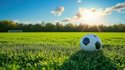 A black and white soccer ball resting on vibrant green grass with a distant goalpost under a bright sunny sky with scattered clouds