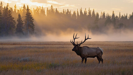 Majestic Elk in Wilderness: An elk with impressive antlers stands regally in a misty meadow, bathed in the soft light of dawn, embodying wilderness and the untouched beauty of nature.