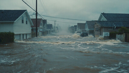 Flooded Street: An unsettling image captures a street submerged in floodwaters, with houses on either side and ominous clouds overhead, symbolizing the destructive power of natural disasters.