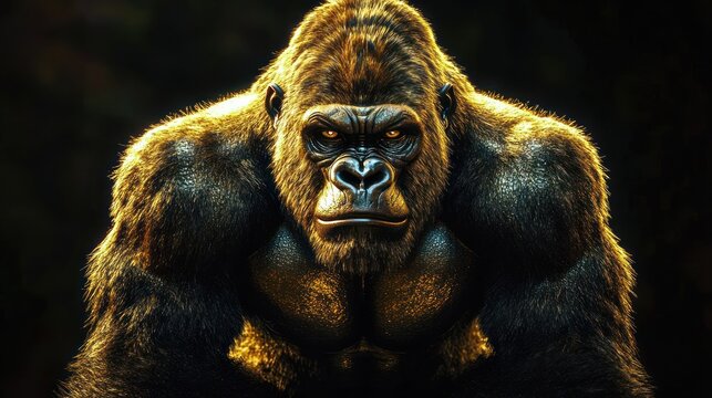 Majestic gorilla with intense gaze and muscular body illuminated dramatically against a dark background conveying strength and presence