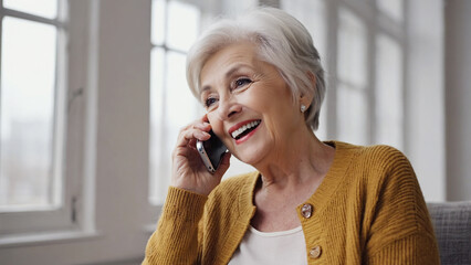 Joyful Chat: An elderly woman radiates happiness while conversing on a smartphone, embodying the warmth of connection and communication.