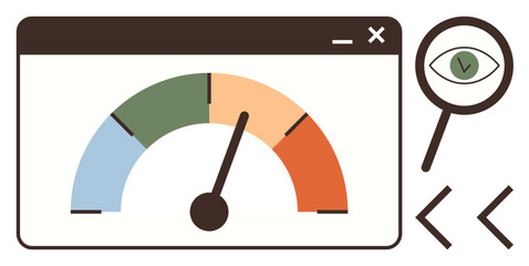 Colorful gauge displaying performance levels, pointer in medium range, magnifying glass highlighting analysis and accuracy. Ideal for analytics, monitoring, evaluation, data tracking, optimization