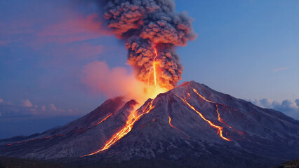 Fototapeta premium Volcanic Eruption: Witness the raw power and artistry of nature as a majestic volcano erupts, spewing molten lava and ash into the vibrant atmosphere. A fiery display of nature's might.