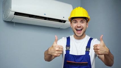 Air Conditioner Installation: A skilled technician, showcasing a positive attitude with a thumbs-up, stands proudly beneath a newly installed air conditioning unit.