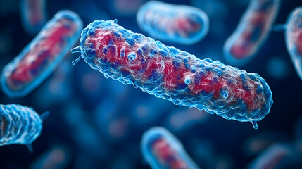 Legionnaires disease bacteria illustration. Close-up view of colorful bacteria under a microscope, showcasing intricate details and vibrant colors