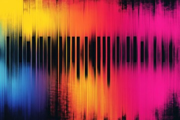 Abstract vertical digital soundwave with vibrant gradient colors transitioning from blue and yellow on the left to pink and orange on the right, evoking energy and movement