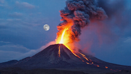 Erupting Volcano at Twilight: Witness the raw power of nature as a volcano dramatically erupts, spewing fiery lava and smoke into the twilight sky, framed by the ethereal glow of a full moon. 