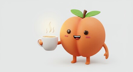 Fototapeta premium Whimsical illustration of a smiling peach character with a coffee cup on white background