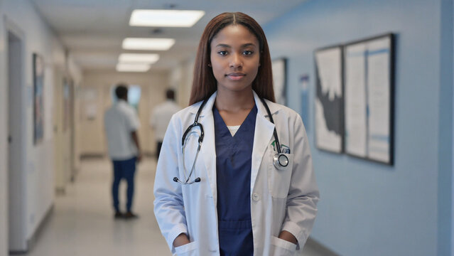 Confident Healthcare Professional: A skilled, female healthcare professional confidently strides down a hospital corridor, her attire and posture reflecting a commitment to medical care and expertise.