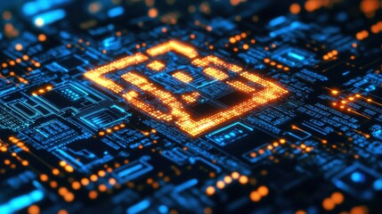 Obraz premium Digital Circuitry Glowing Microchip Detail.