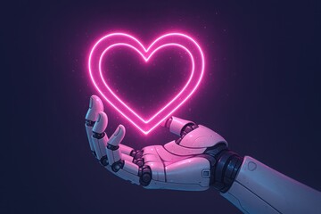 Robotic hand delicately holding holographic love symbol with pink neon glow and futuristic romance concept