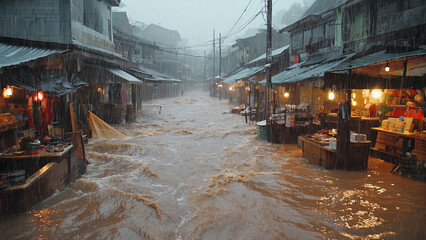 Fototapeta premium Flooding Street: Witness the destructive power of nature as a street transforms into a surging river, its buildings and commerce bearing witness to the raw force of the elements.