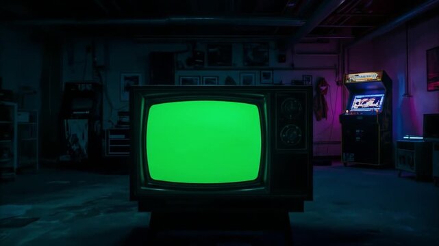 An old television with a green screen sits in a dimly lit basement.
