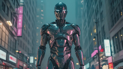 Fototapeta premium Cybernetic Guardian: An imposing, futuristic cyborg stands tall amidst a vibrant cityscape, embodying the essence of protection, progress.