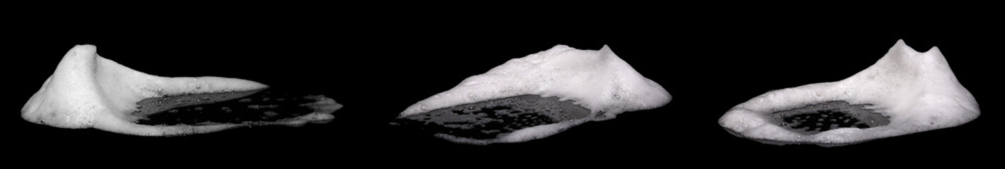 liquid white foam from soap or shampoo or shower gel Abstract soap bubbles. Set foam, soap bubble isolated on black, with clipping path texture and background.	
