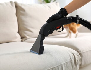 Person cleaning a light beige couch with a professional upholstery cleaner