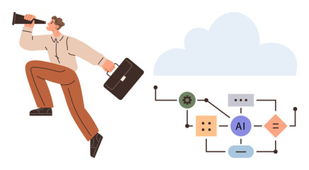 Man holding briefcase and telescope, observing AI-related process diagrams linked to cloud computing. Ideal for technology, data analysis, business strategy, AI workflow, cloud innovation