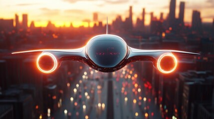 Futuristic sleek aircraft with glowing engines flying over a city at sunset with blurred skyscrapers and busy roads below