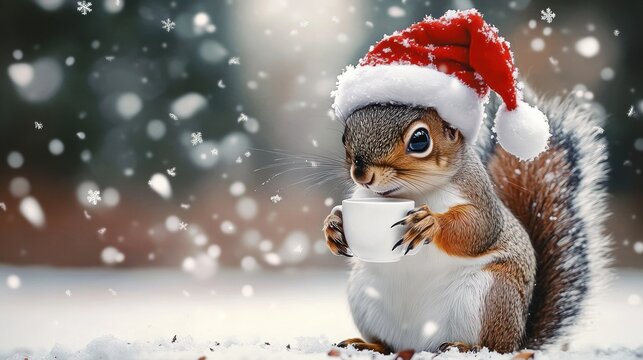Cute squirrel wearing a red and white Santa hat holding a white cup while surrounded by falling snowflakes on snowy ground during winter - Powered by Adobe