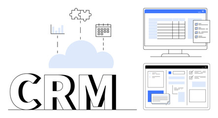CRM text with cloud icon, charts, puzzle pieces, and calendar above. Monitors display data forms and dashboards. Ideal for business, technology, cloud computing, management marketing teamwork data