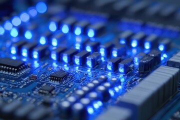 Fototapeta premium Illuminated Circuit Board Close-up, Tech Lab, Data Processing
