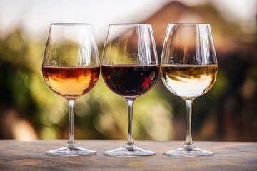 Three wine glasses filled with ros&eacute;, red, and white wine placed on a wooden surface with a blurred outdoor background