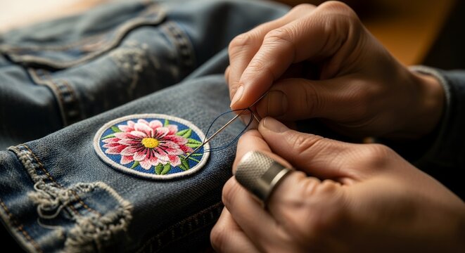Close-up of hands sewing a flower patch onto a denim jacket with a needle and thimble, concept for fashion design project, textile art creation and clothing customization. - Powered by Adobe