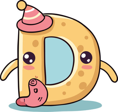 alfabet huruf d Cute cartoon letter D character with party hat and worm, creating a playful and whimsical design