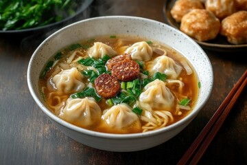 Steaming bowl of noodle soup with dumplings, sliced sausage, and chopped green onions on a wooden table with chopsticks and side dishes in the background
