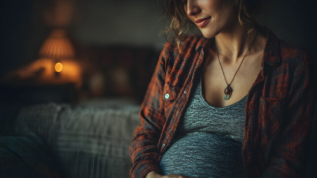 A serene pregnant woman gently cradles her belly, symbolizing protection and love, in a comfortable home setting that emphasizes warmth and family connection.
