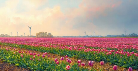 Vibrant vast field of pink tulips under a softly colored sky with scattered clouds and multiple wind turbines on the horizon during sunrise or sunset